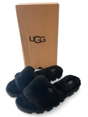 New in Box! UGG Women’s Black Fluff Slide - Plush Fur  Slip-On Colette sz 9
